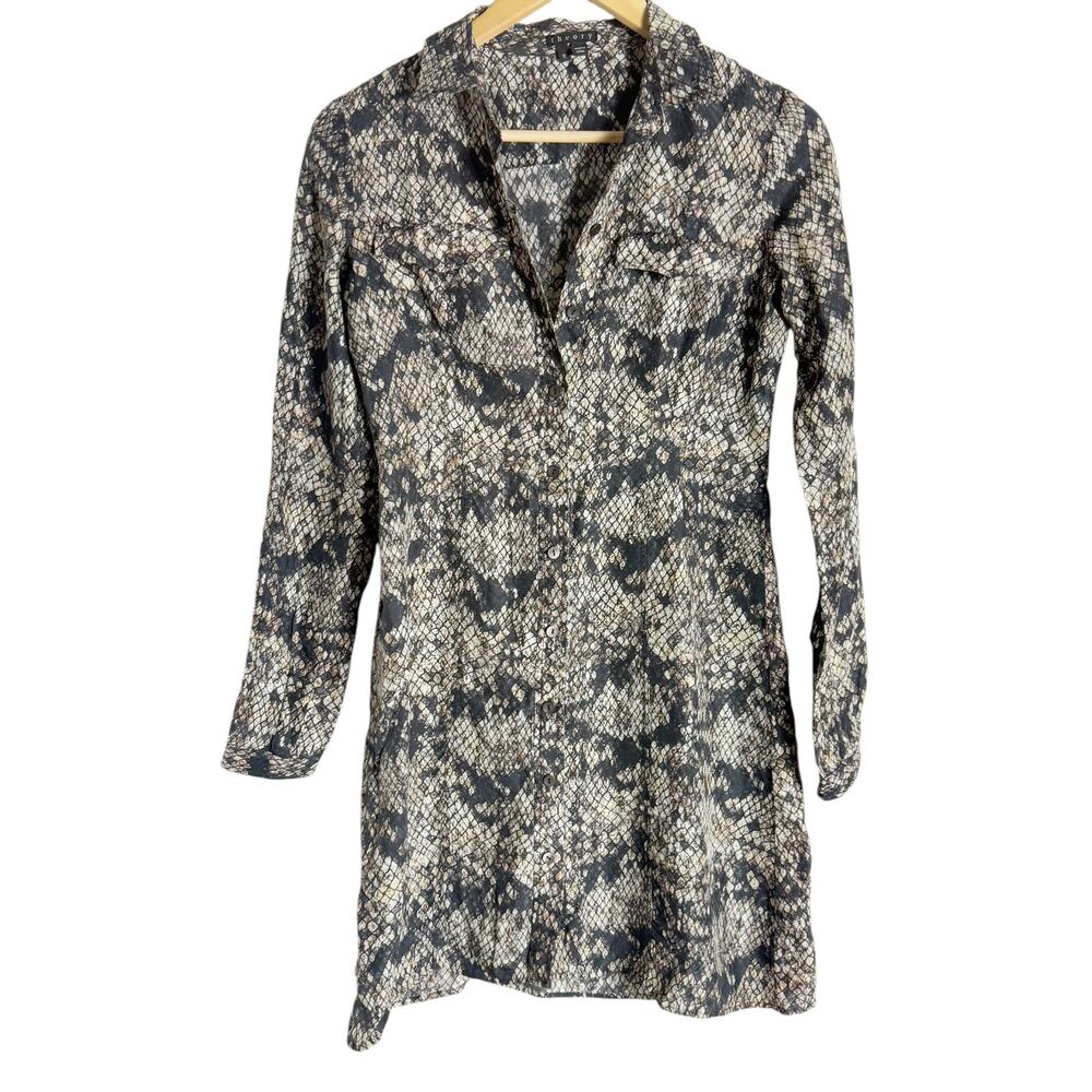 Theory Black Snakeskin Print 100% Silk Long Sleeve Mini Shirt Dress Size 0